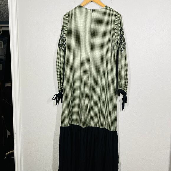 Bagiza Checker Maxi Dress Modest Tiered Black Olive Long Sleeve - 38 - Picture 3 of 7